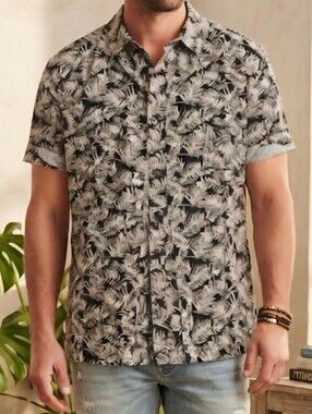 Puritan Men Hawaiian Shirt Palm Leaf Print Rayon Short Sleeve Black White Large